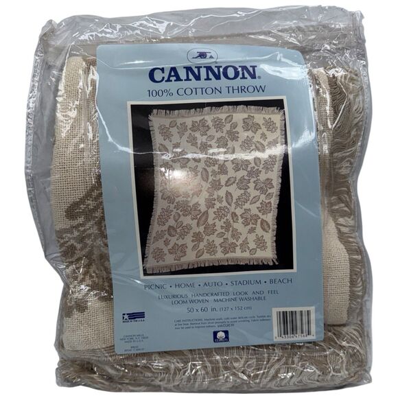 Vtg Cannon Cotton Throw Blanket 50x60in Beige Leaves Nature NOS Woven USA - Picture 1 of 12